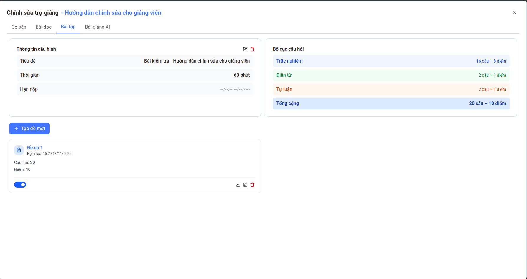 Giao diện cấu hình bài kiểm tra