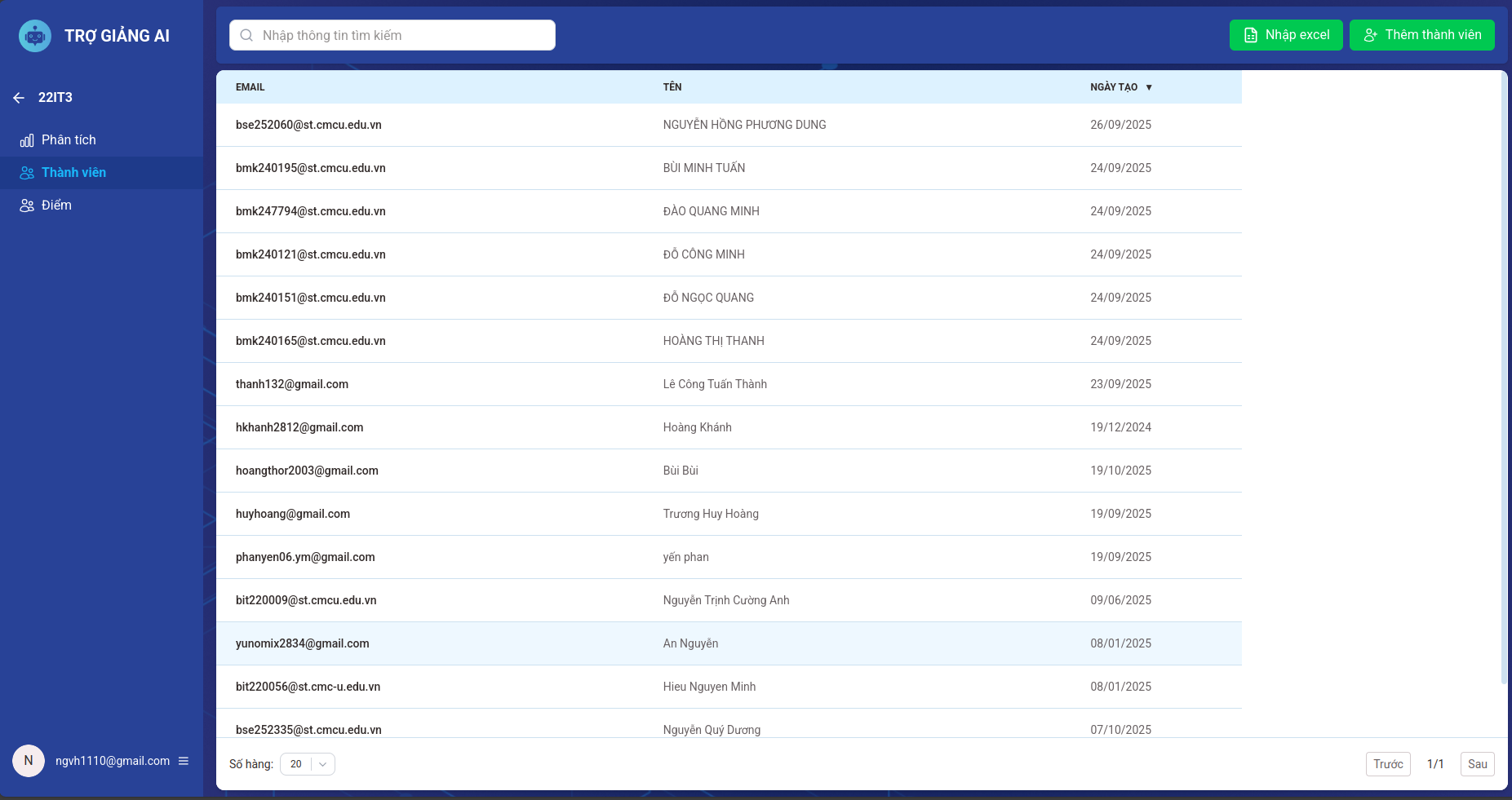 Danh sách sinh viên trong lớp học