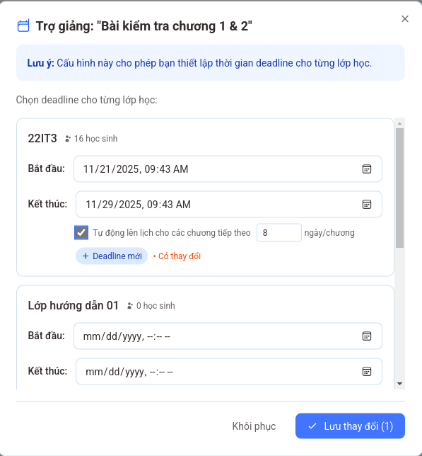 Giao diện thiết lập deadline cho lớp học