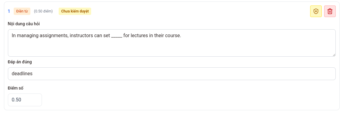 Giao diện chỉnh sửa câu hỏi điền từ