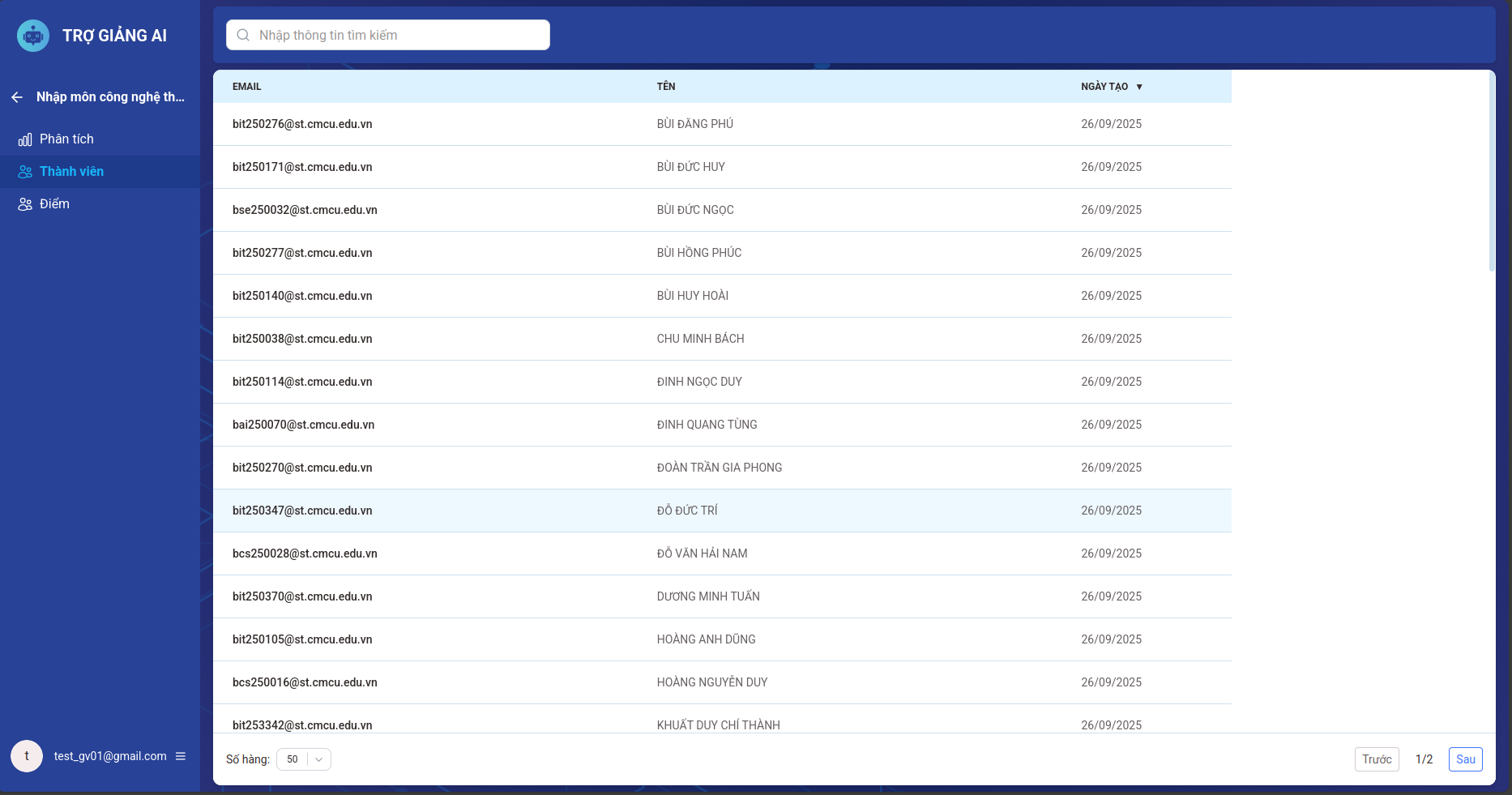 Giao diện quản trị danh sách sinh viên trong lớp học