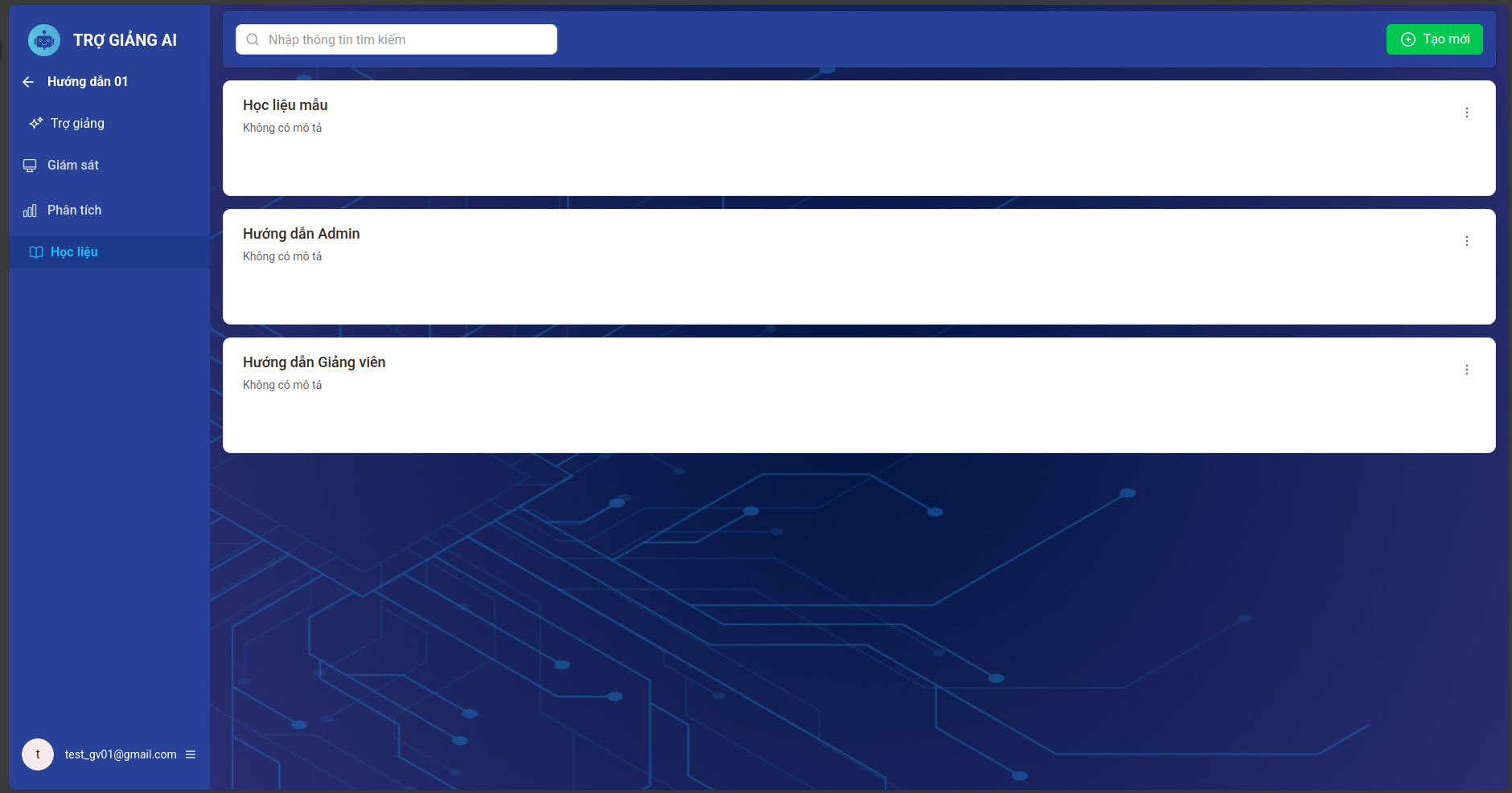 Giao diện danh sách Học liệu