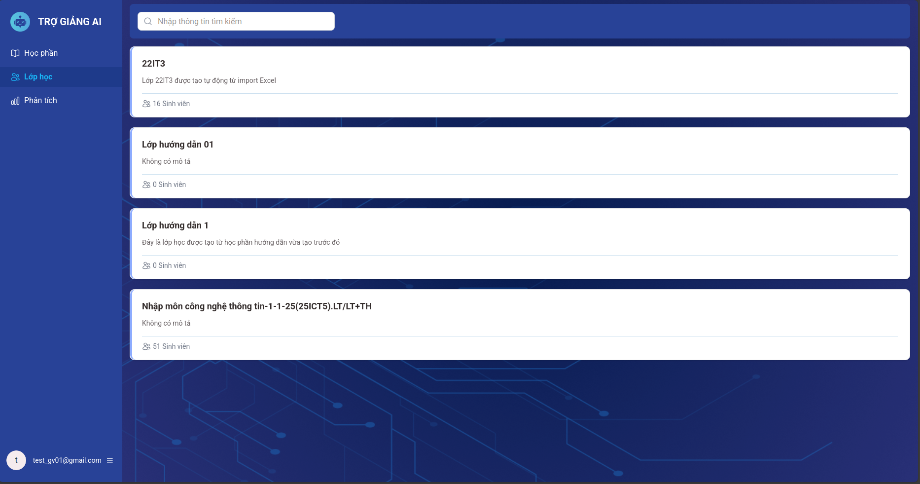 Giao diện danh sách Lớp