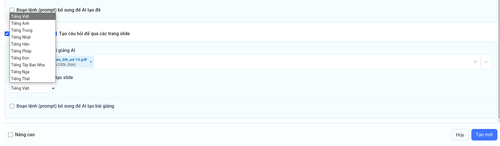Lựa chọn ngôn ngữ cho slide bài giảng