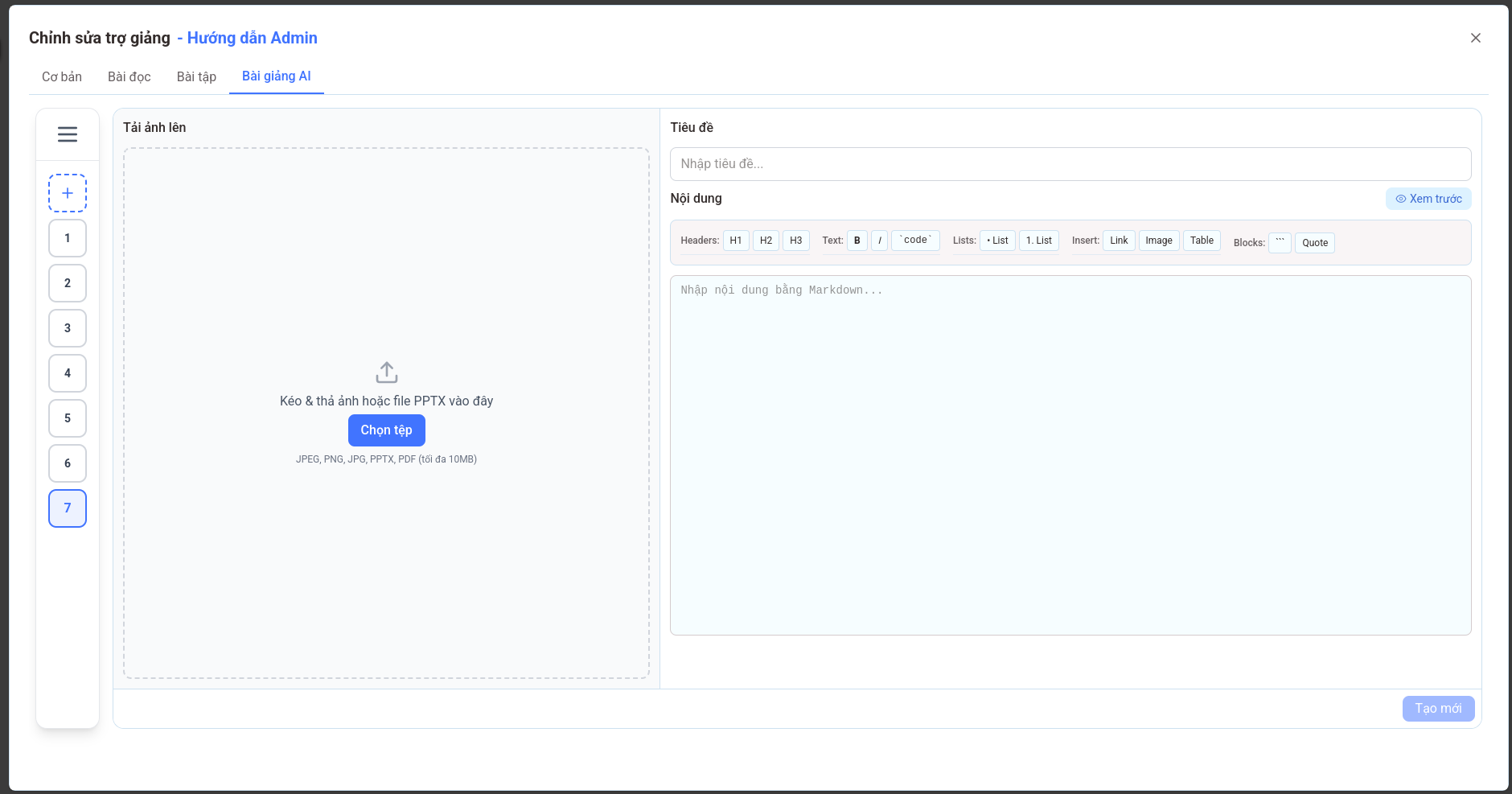 Giao diện Tạo mới Bài giảng AI