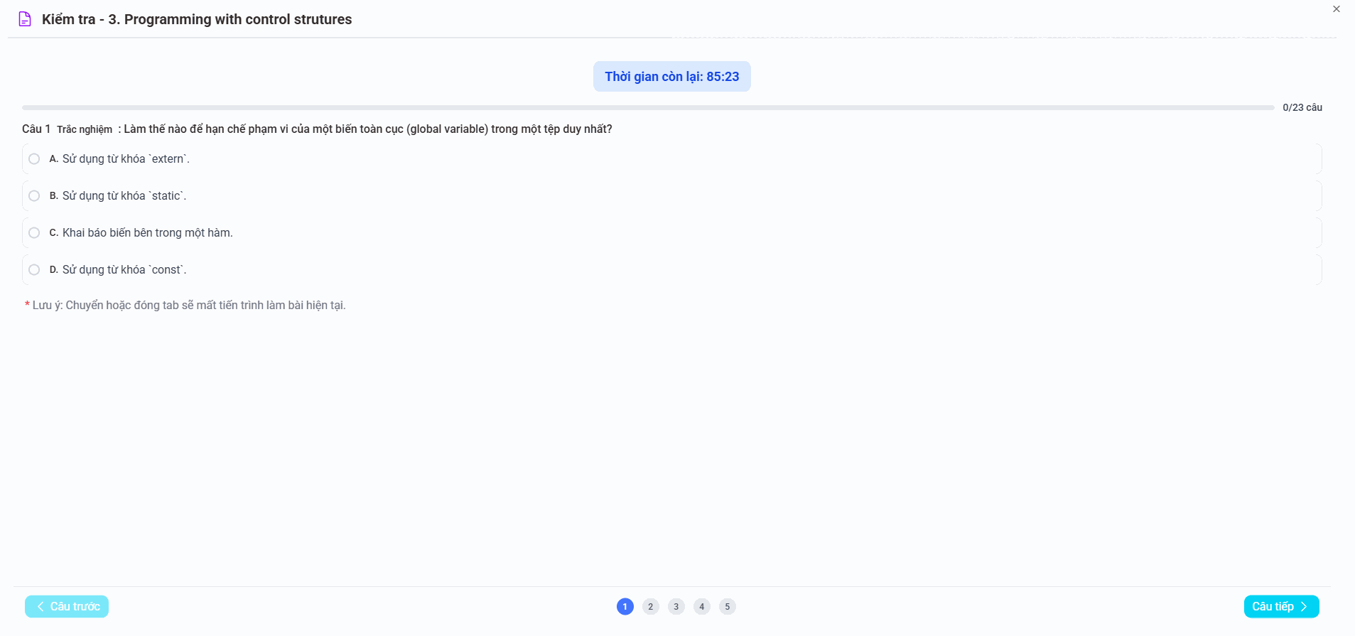 Giao diện câu hỏi kiểm tra